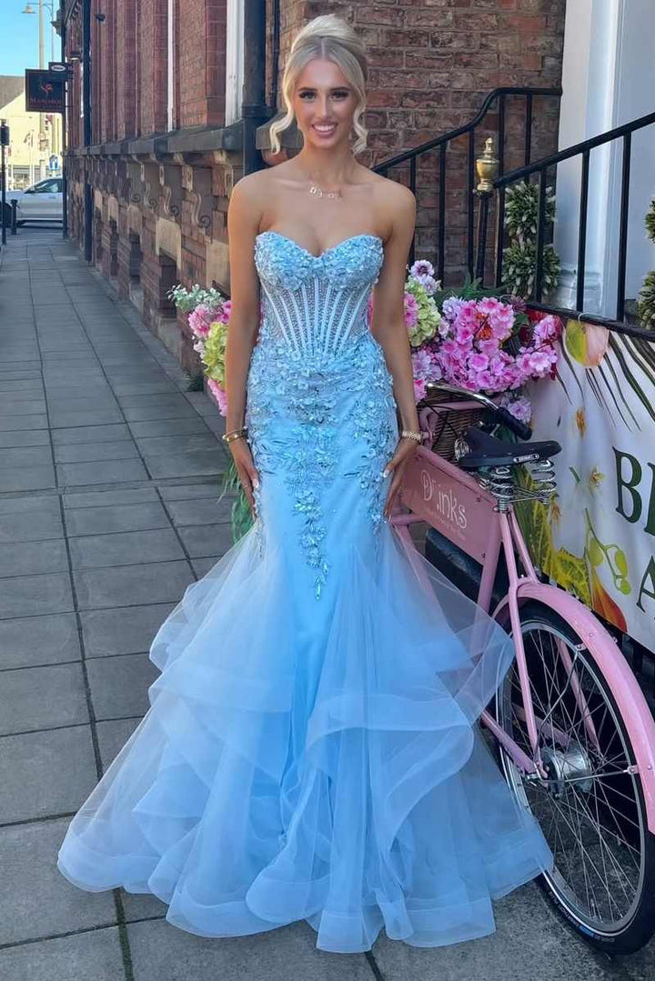 Strapless Sweetheart Ruffles Appliques Long Prom Dress Blue