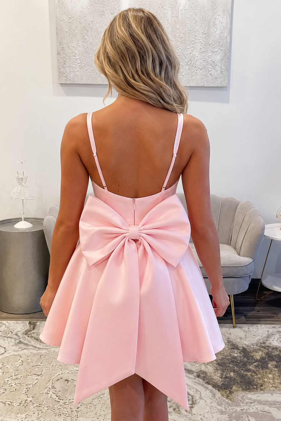 Blush Pink Satin A-Line Scoop Pleated Homecoming Dress, Big Bow