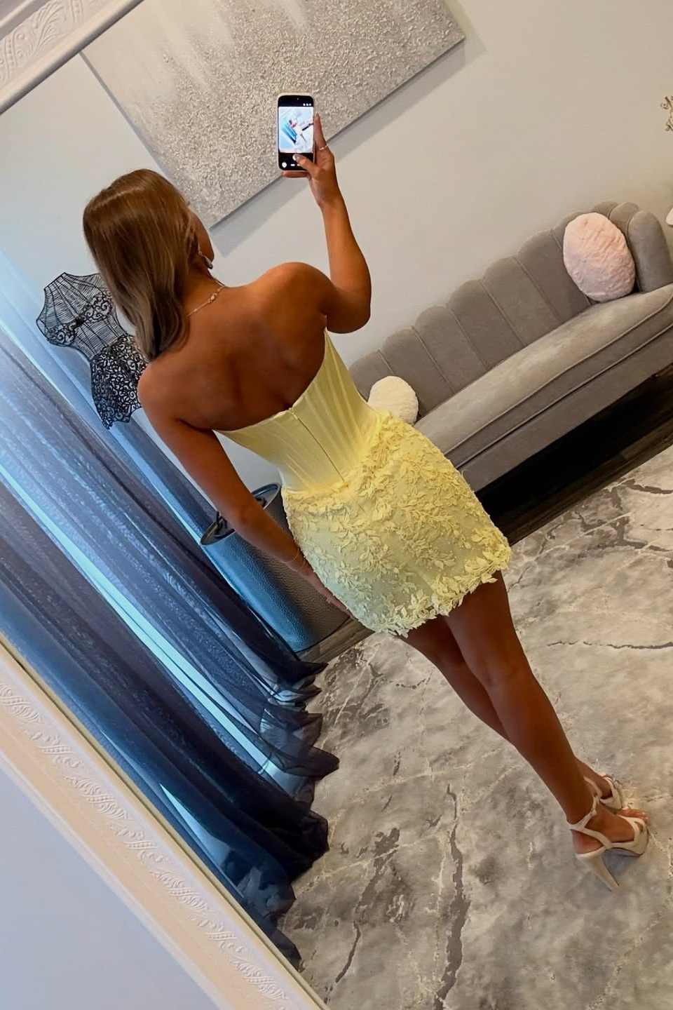 Strapless Corset Lace Homecoming Mini Dress in Butter Yellow