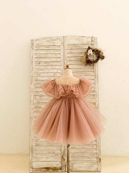 3D Butterflies Mauve Tulle Ruffles Wedding Flower Girl Dress Birthday Party