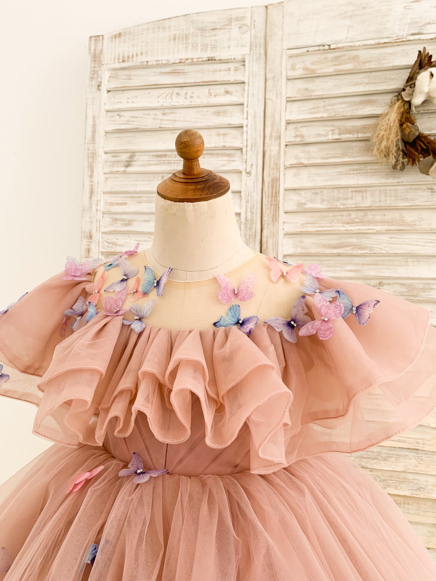 3D Butterflies Mauve Tulle Ruffles Wedding Flower Girl Dress Birthday Party