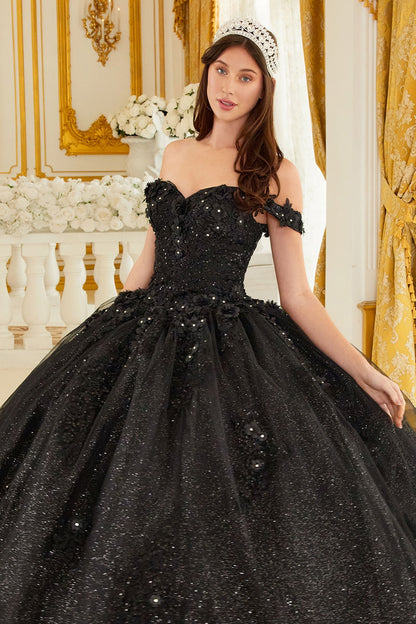 Floral Off-Shoulder Ball Gown Glitter Quinceanera Dress