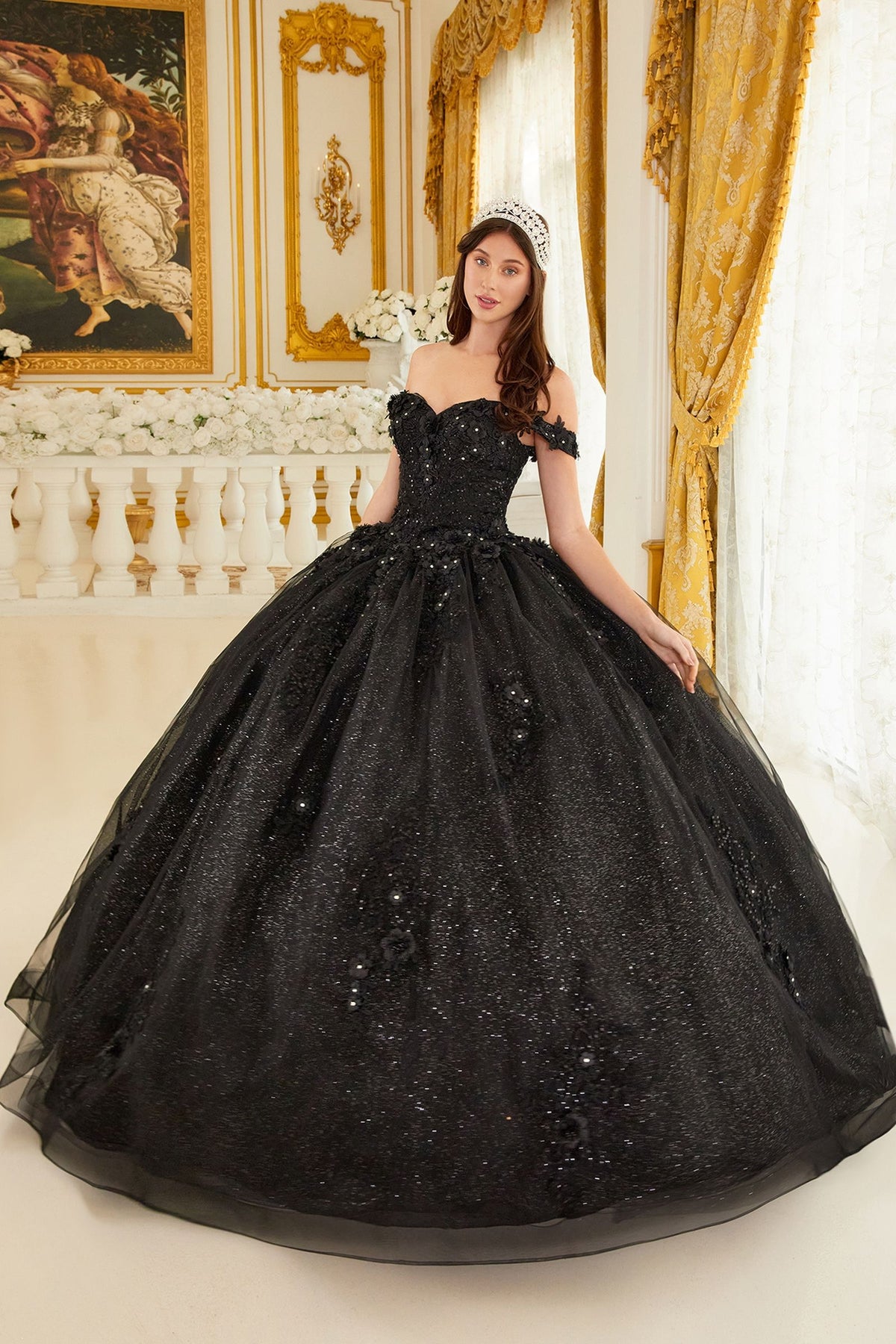 Floral Off-Shoulder Ball Gown Glitter Quinceanera Dress