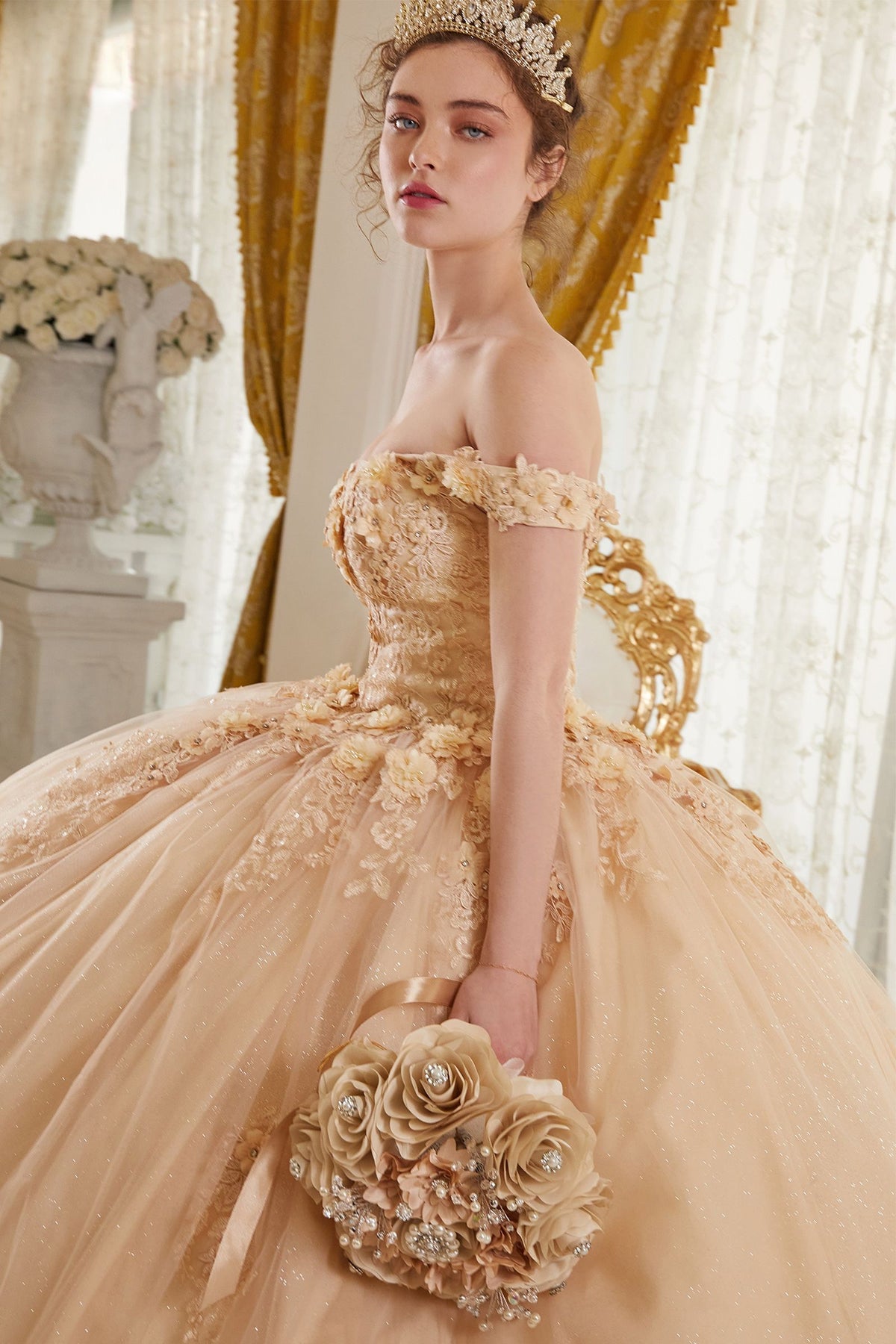 Floral Off-Shoulder Ball Gown Glitter Quinceanera Dress