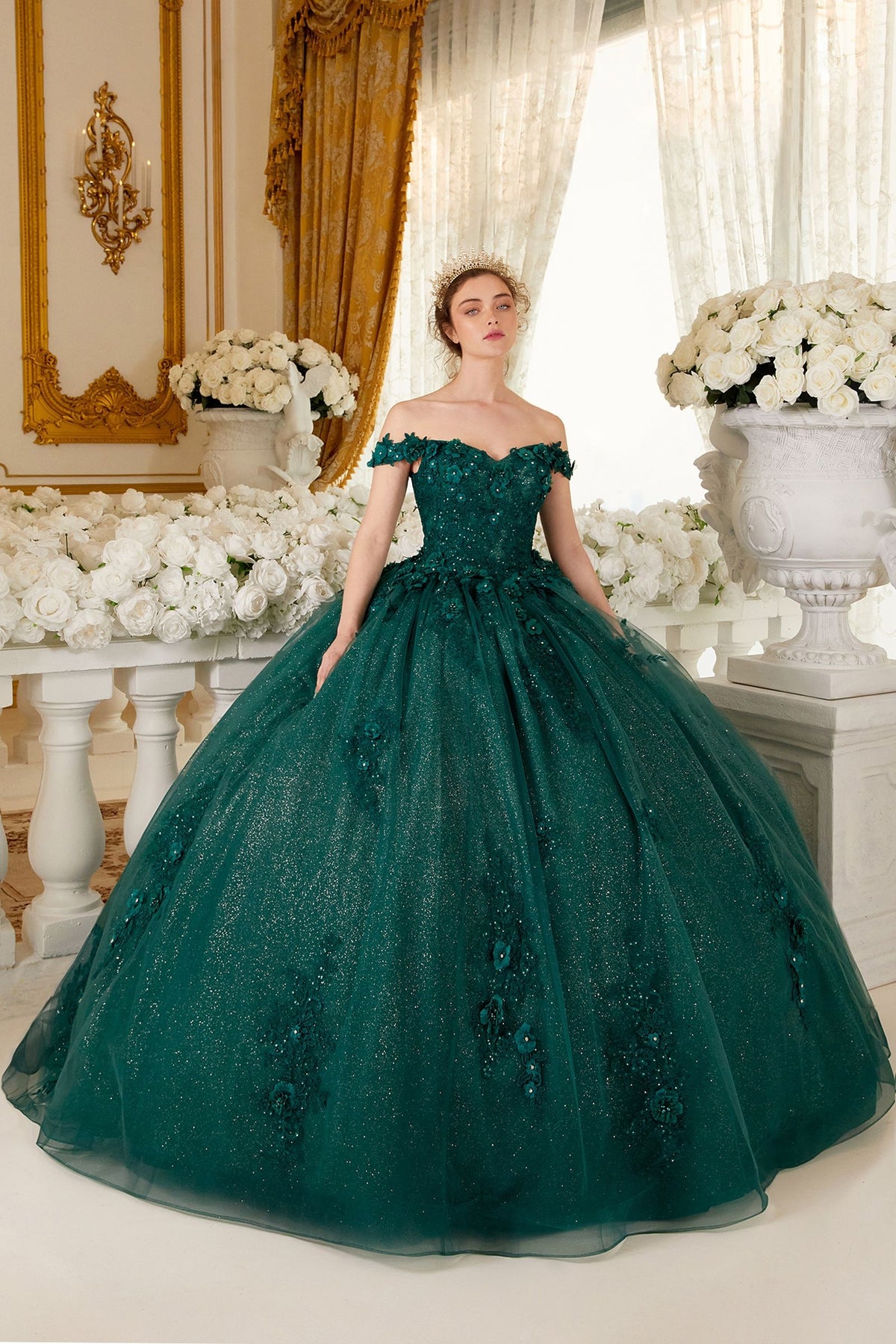 Floral Off-Shoulder Ball Gown Glitter Quinceanera Dress