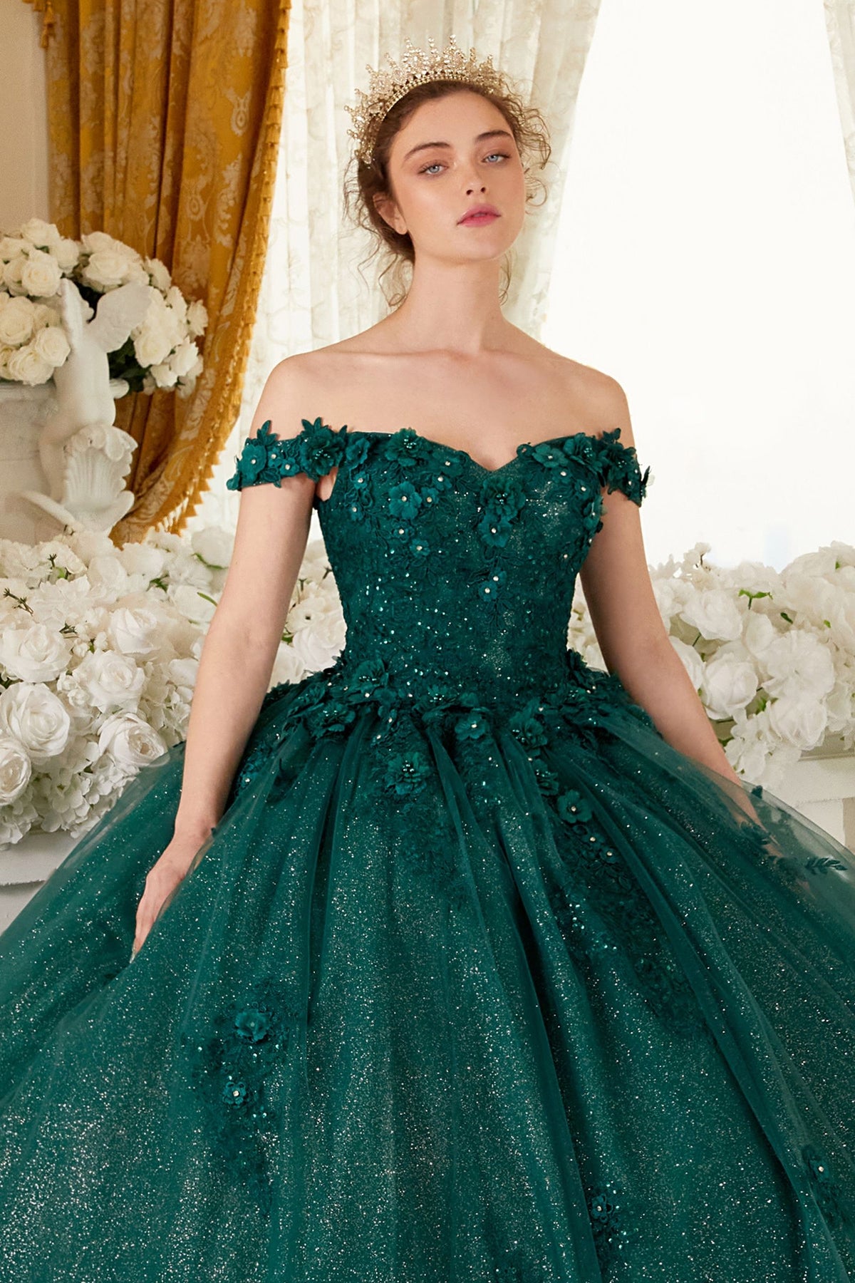 Floral Off-Shoulder Ball Gown Glitter Quinceanera Dress