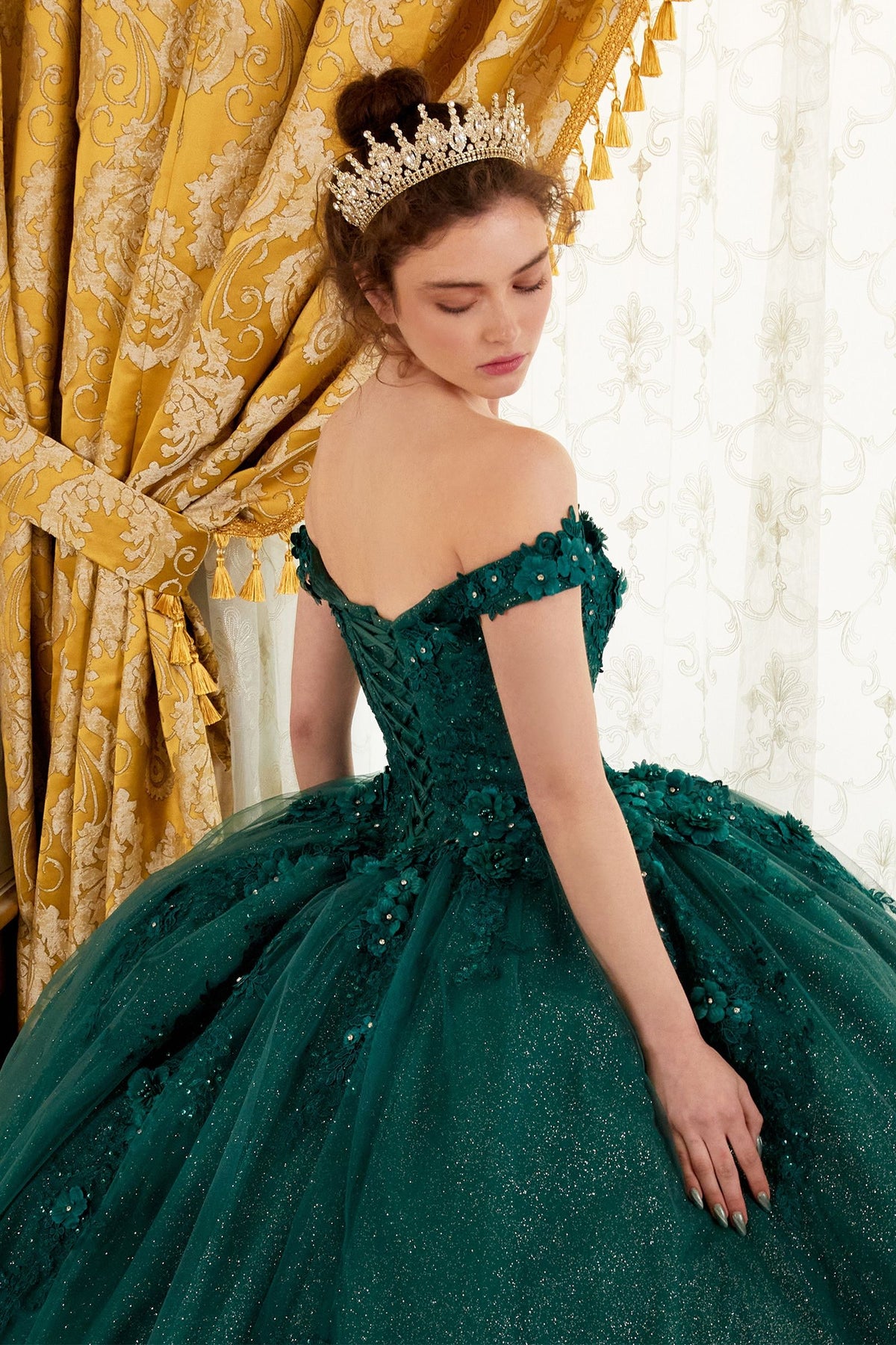 Floral Off-Shoulder Ball Gown Glitter Quinceanera Dress