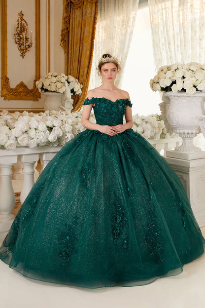 Floral Off-Shoulder Ball Gown Glitter Quinceanera Dress