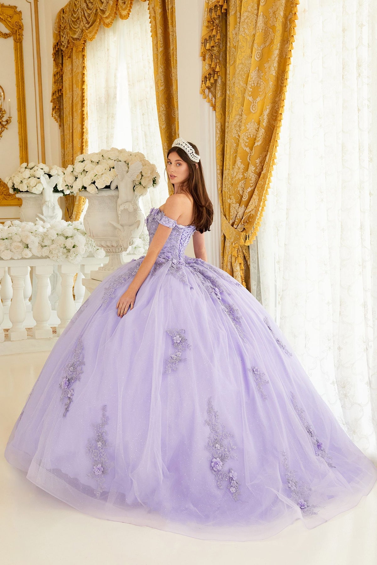 Floral Off-Shoulder Ball Gown Glitter Quinceanera Dress