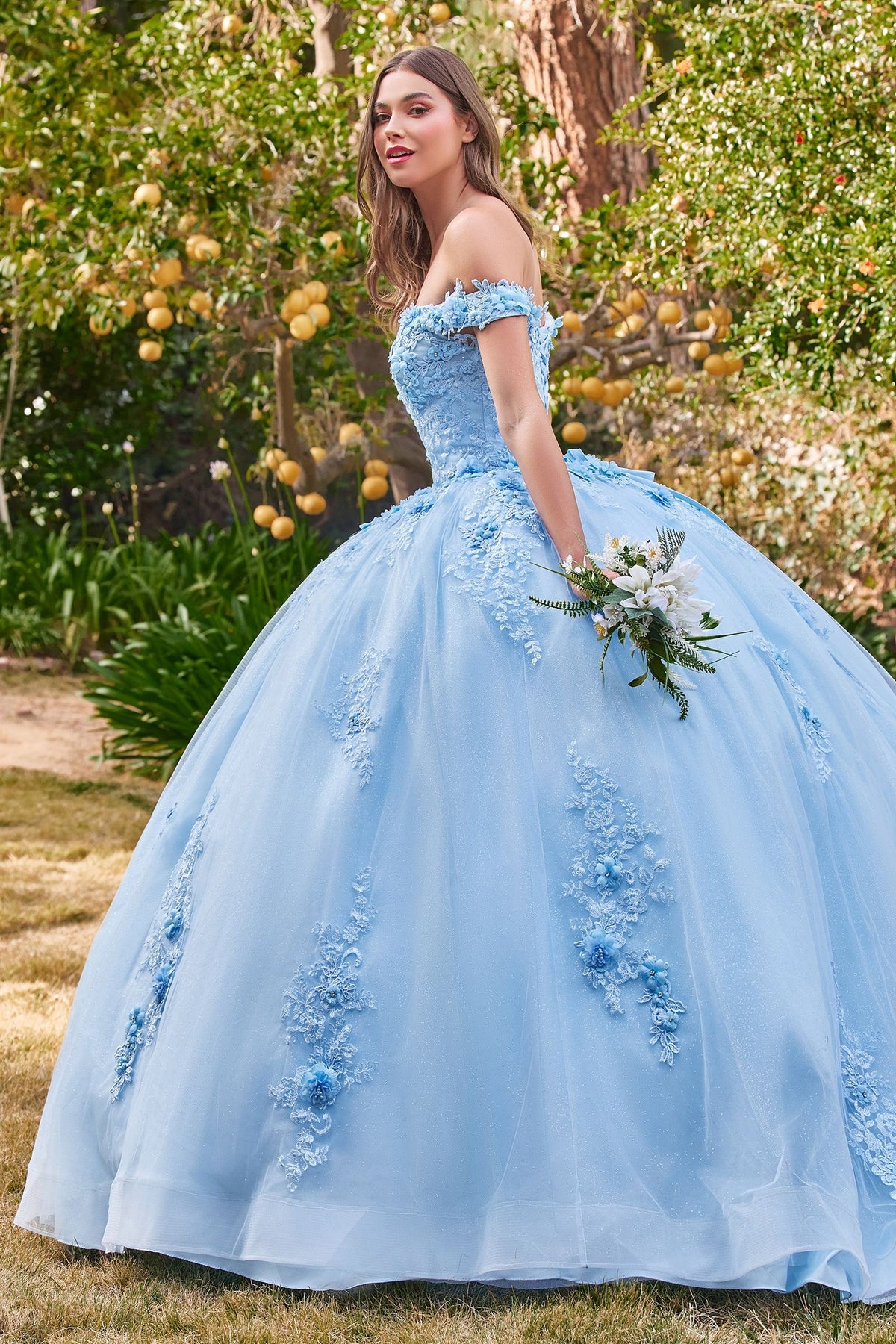 Floral Off-Shoulder Ball Gown Glitter Quinceanera Dress
