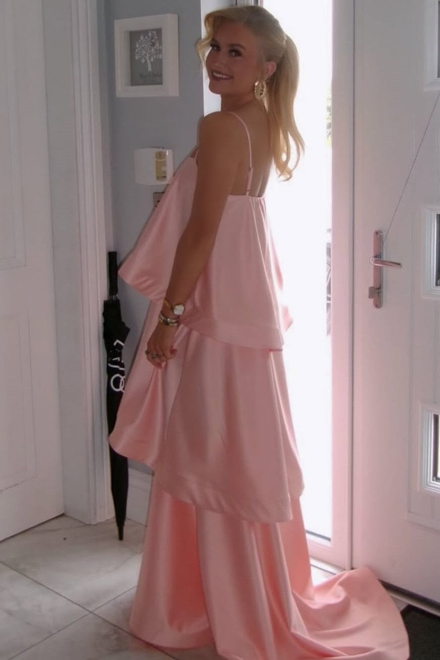 A-Line Spaghetti Strap Layered Satin Sleeveless Long Formal Dress