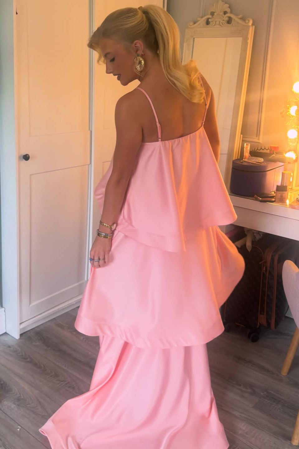 A-Line Spaghetti Strap Layered Satin Sleeveless Long Formal Dress