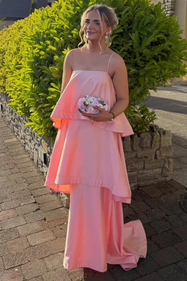 A-Line Spaghetti Strap Layered Satin Sleeveless Long Formal Dress