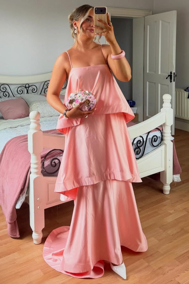 A-Line Spaghetti Strap Layered Satin Sleeveless Long Formal Dress