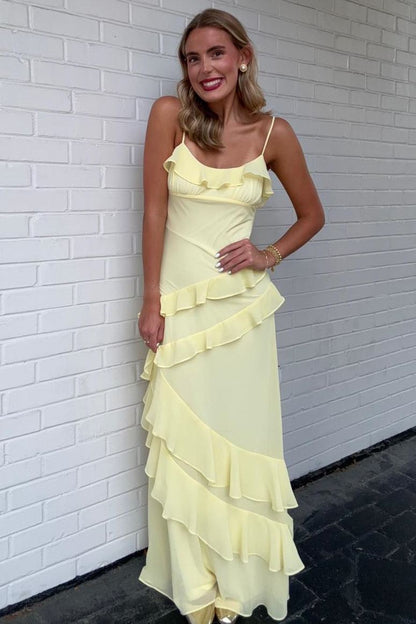 Sleeveless Ruffled Spaghetti Strap Sheath Long Prom Party Dress