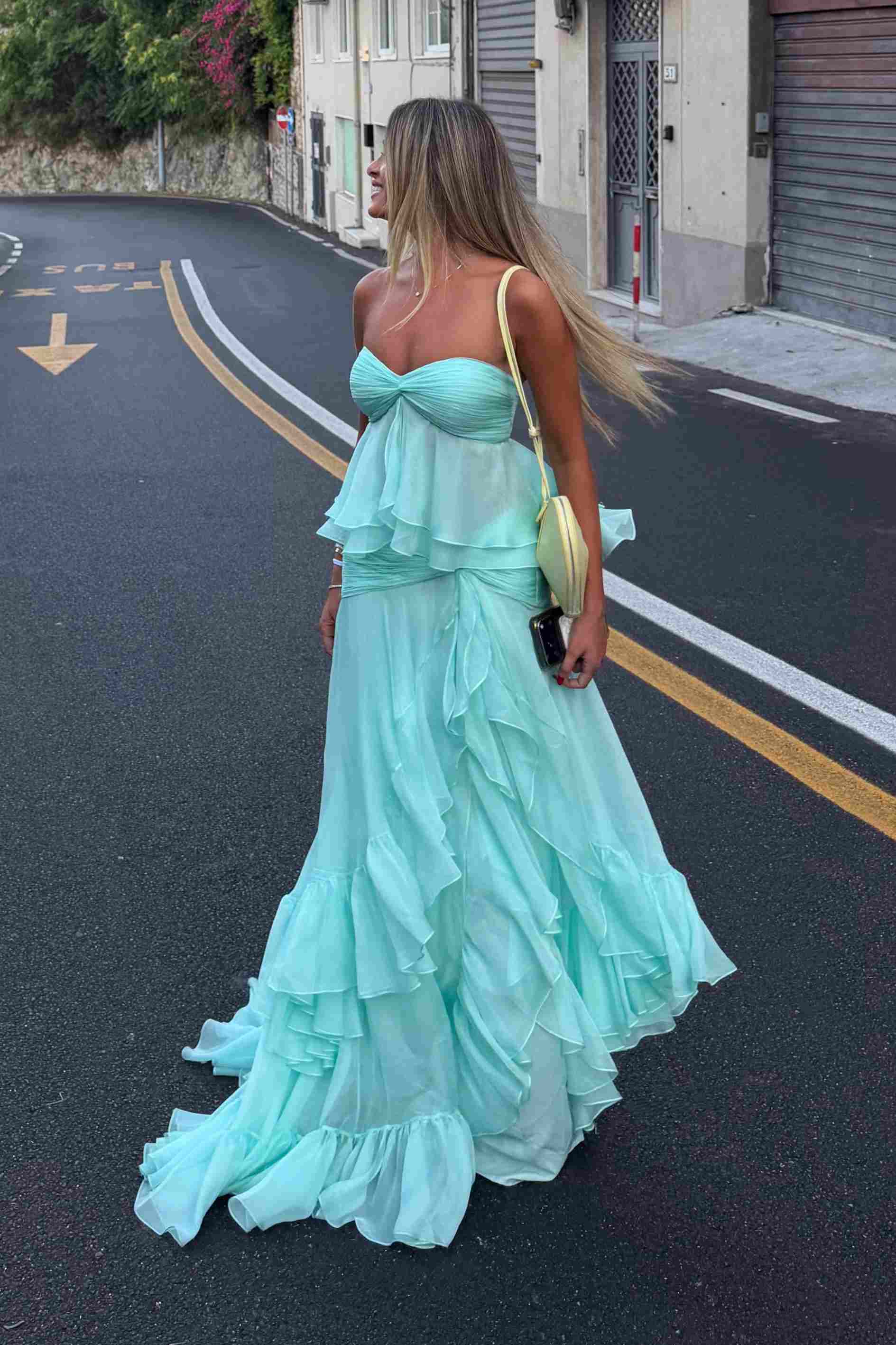 Strapless Sweetheart Chiffon Prom Dress with Cascading Ruffles