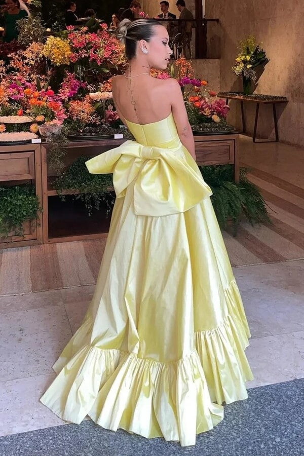Yellow A-Line Strapless Satin Sleeveless Long Prom Dress with Bow