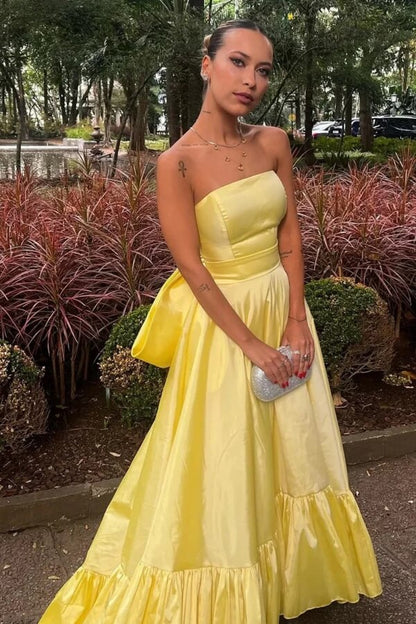 Yellow A-Line Strapless Satin Sleeveless Long Prom Dress with Bow