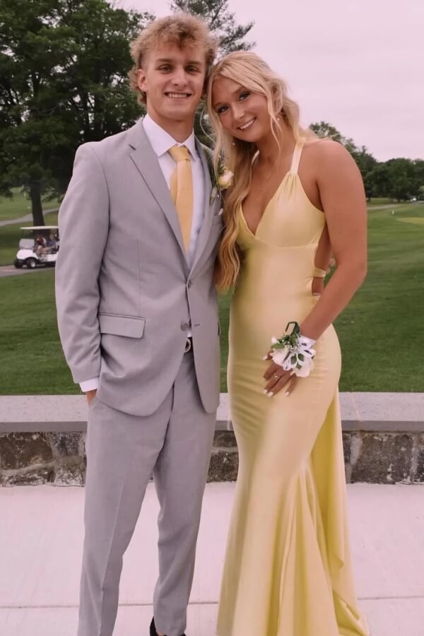 V-Neck Sleeveless Satin Mermaid Long Prom Dress with Sweep Train