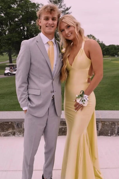 V-Neck Sleeveless Satin Mermaid Long Prom Dress with Sweep Train