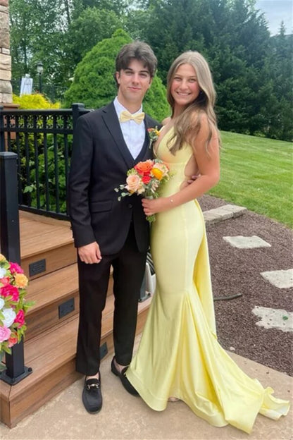 V-Neck Sleeveless Satin Mermaid Long Prom Dress with Sweep Train