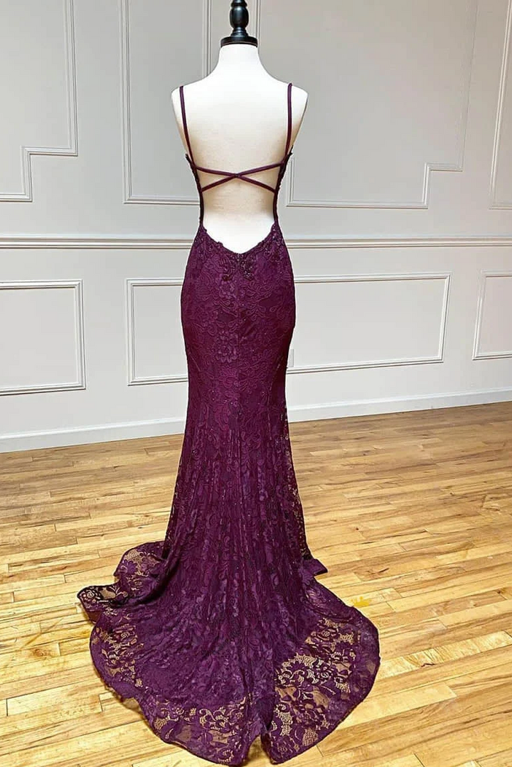 Mermaid Prom Dress Burgundy Lace Straps Crisscross Plunging Sweep Slit