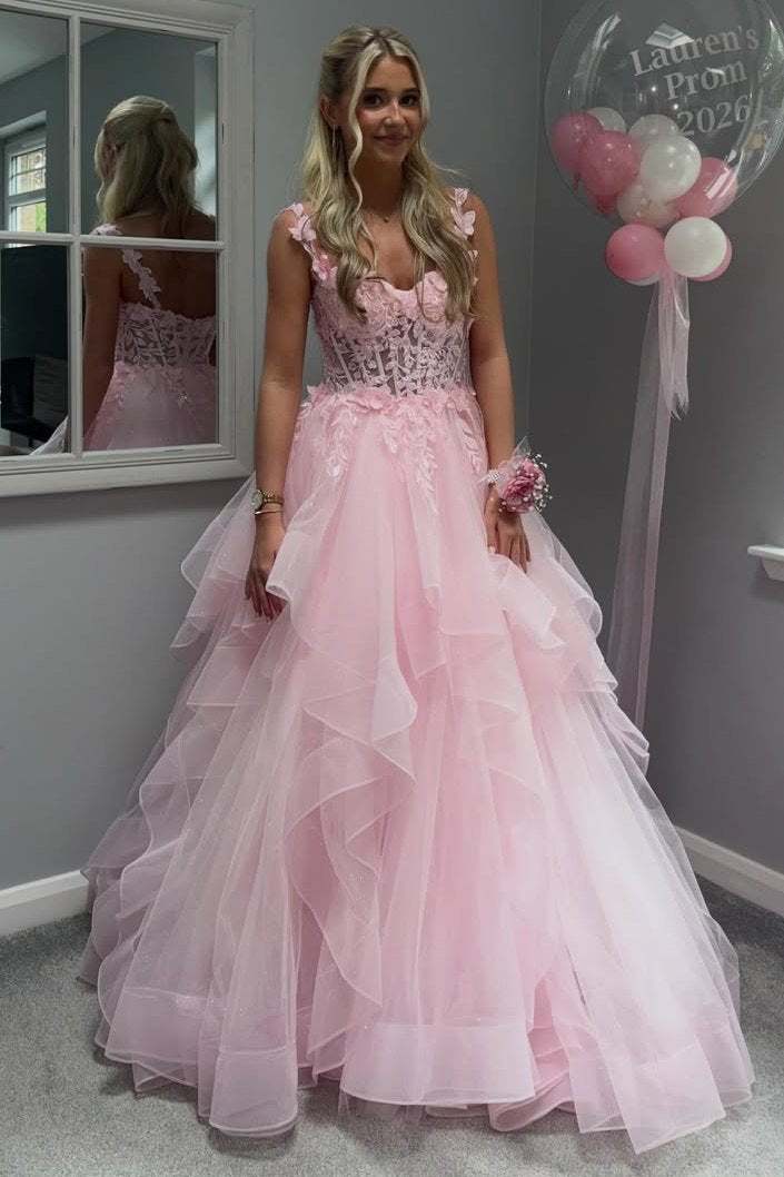 Pink A-Line Sleeveless Empire-Waist Long Prom Dress with Appliques