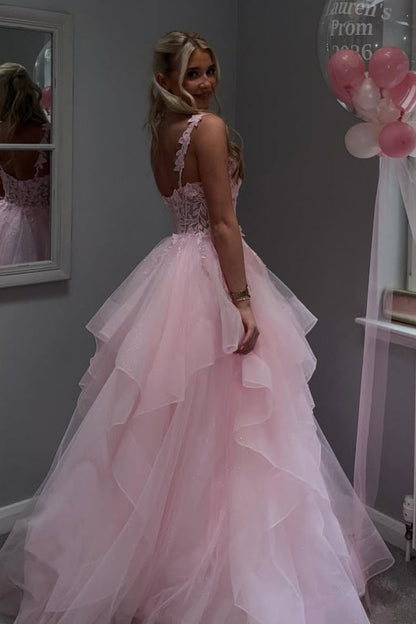 Pink A-Line Sleeveless Empire-Waist Long Prom Dress with Appliques