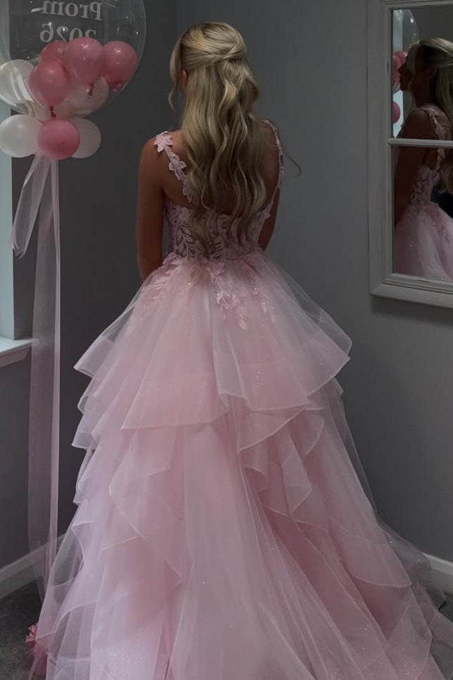 Pink A-Line Sleeveless Empire-Waist Long Prom Dress with Appliques