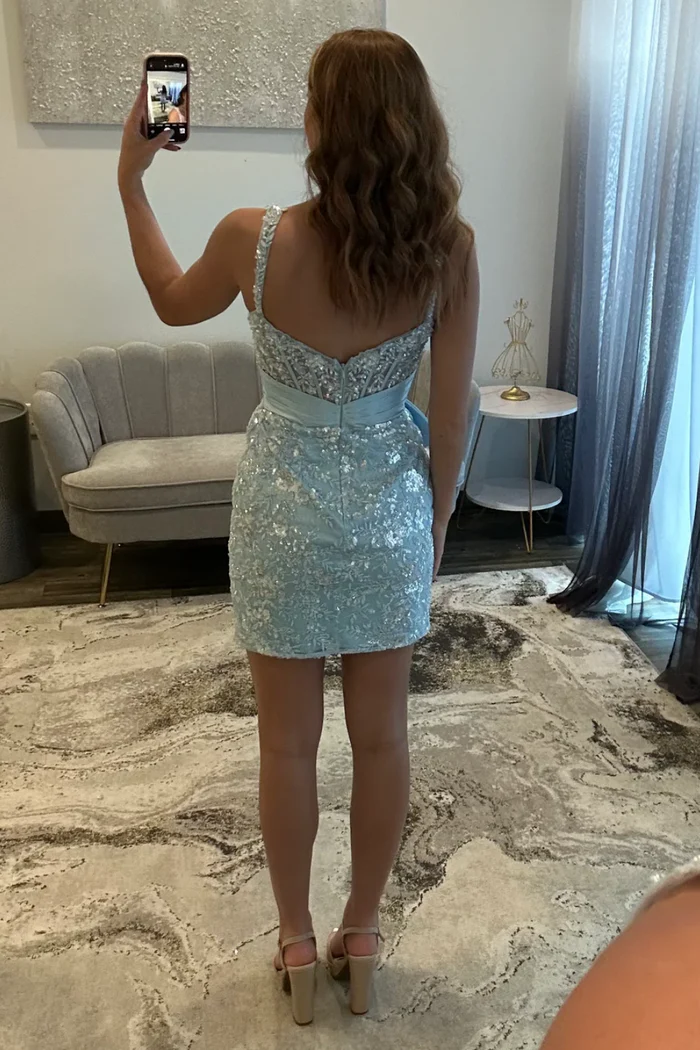 Sweetheart Sequined Appliques Mini Homecoming Dress with Bow