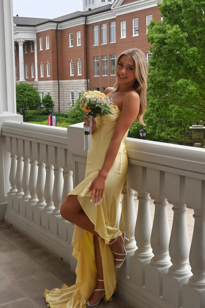 Mermaid Satin Strapless Ruffles Long Prom Dress with Slit