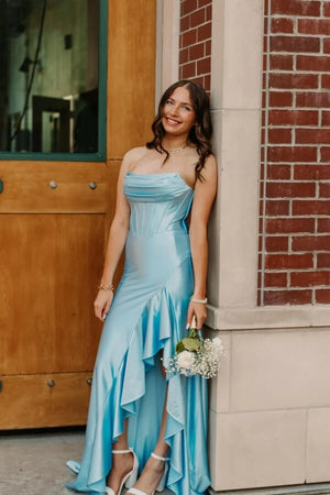 Mermaid Satin Strapless Ruffles Long Prom Dress with Slit