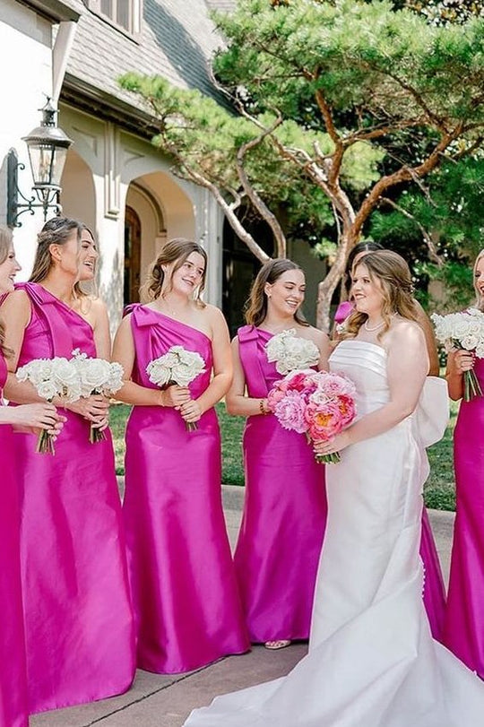 Mermaid Bridesmaid Dress Light Blue Satin One Shoulder Bow Strap Floor Length