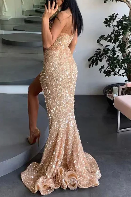 Gold Spaghetti Straps Sequined High Slit Sleeveless Mermaid Prom Dress