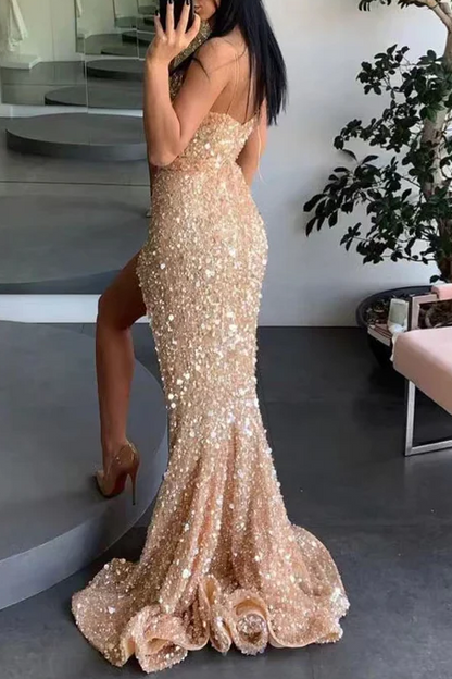 Gold Spaghetti Straps Sequined High Slit Sleeveless Mermaid Prom Dress