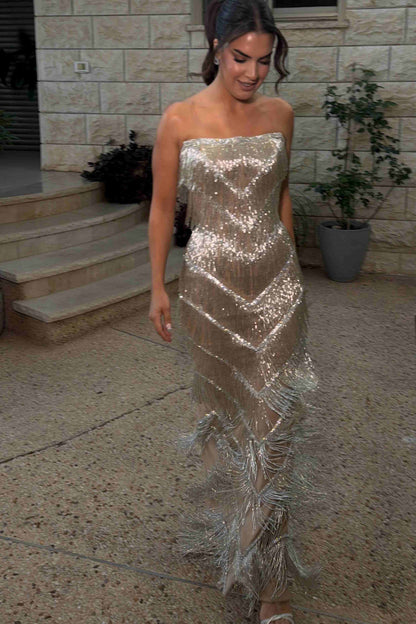 Women's Strapless Tassel Sleeveless Long Formal Prom Party Dress