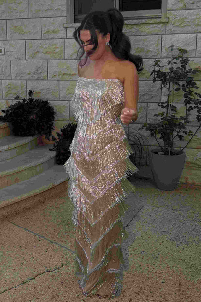 Women's Strapless Tassel Sleeveless Long Formal Prom Party Dress