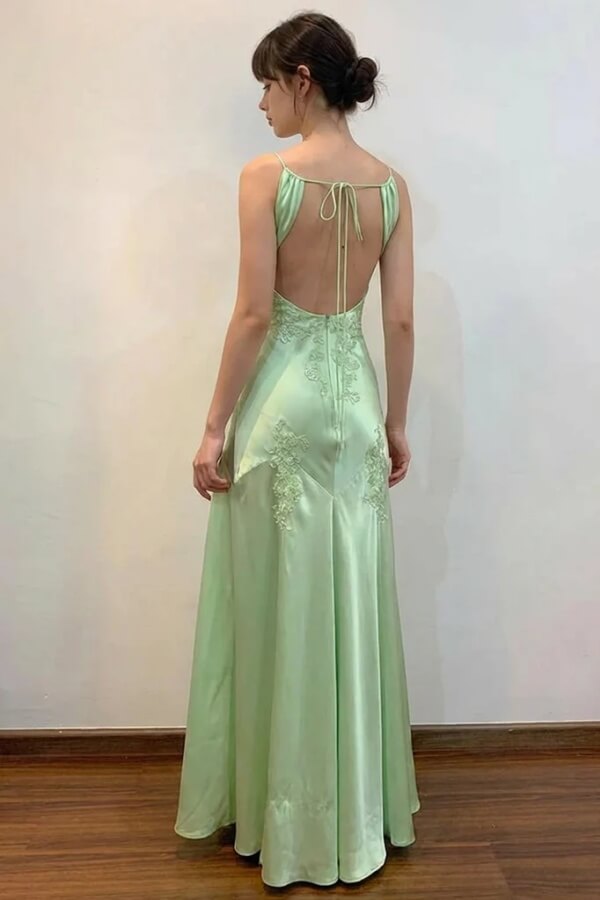 V-Neck Sleeveless Lace Appliques Satin Long Prom Dress