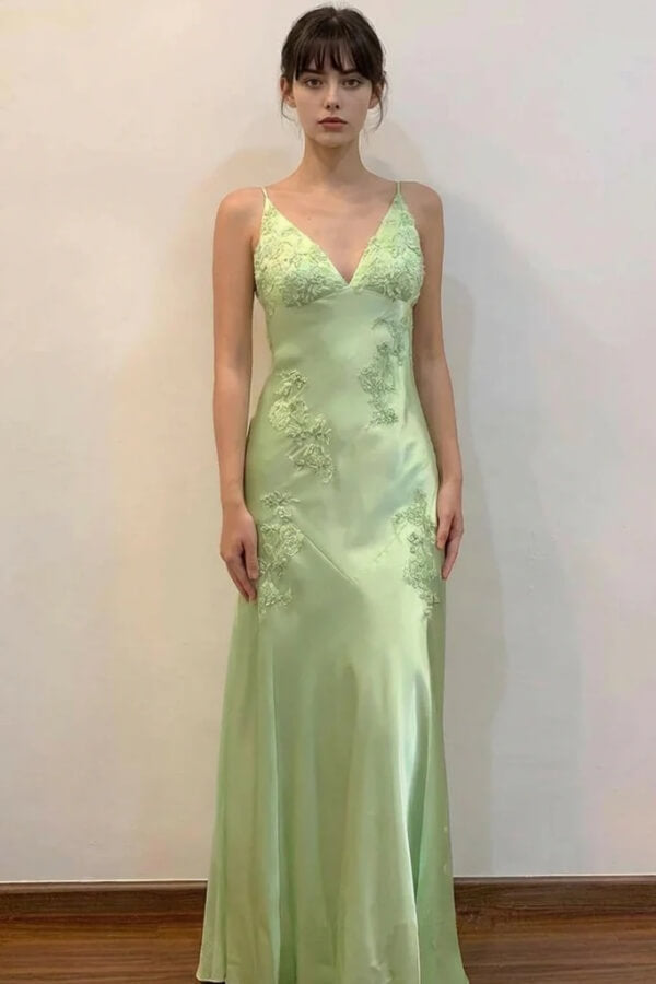 V-Neck Sleeveless Lace Appliques Satin Long Prom Dress