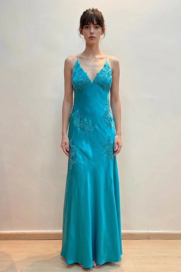 V-Neck Sleeveless Lace Appliques Satin Long Prom Dress