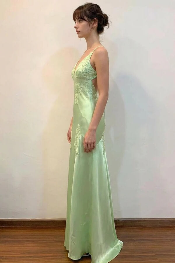 V-Neck Sleeveless Lace Appliques Satin Long Prom Dress