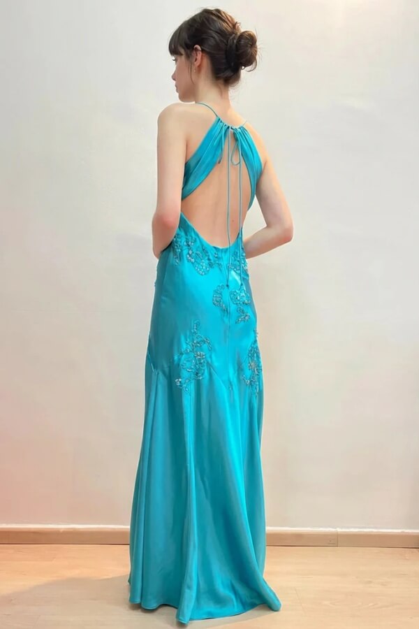 V-Neck Sleeveless Lace Appliques Satin Long Prom Dress