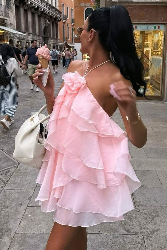 Halter A-Line Ruffles Chiffon Backless Short Homecoming Summer Dress