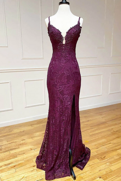 Mermaid Prom Dress Burgundy Lace Straps Crisscross Plunging Sweep Slit