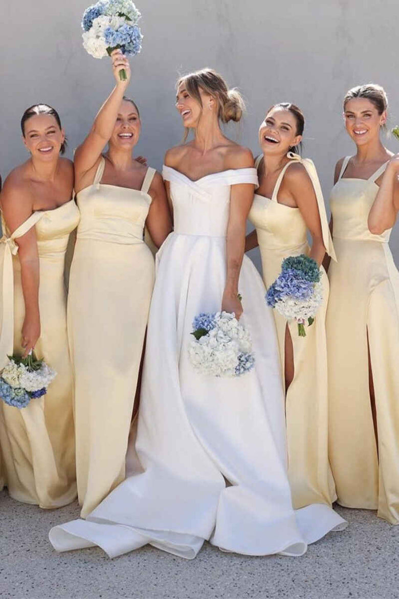 A-line Bridesmaid Dress Yellow Satin Square Neck Straps Backless Floor Length Slit