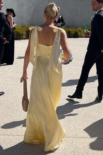 A-line Bridesmaid Dress Yellow Satin Square Neck Straps Backless Floor Length Slit