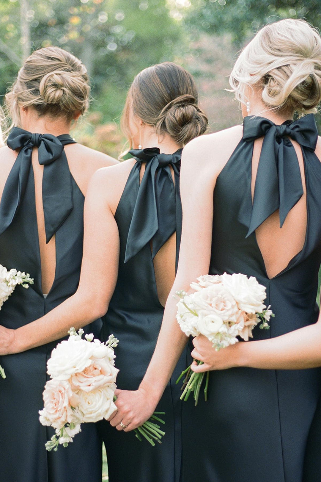 Sheath Bridesmaid Dress Black Charmeuse Halter Cutout Back Long Bow
