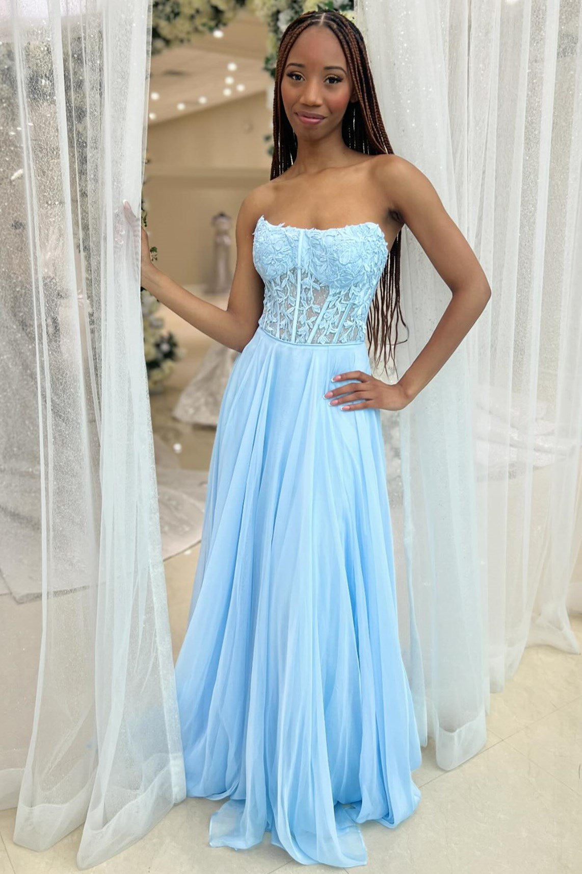Chiffon Appliques Strapless A-Line Long Prom Dress