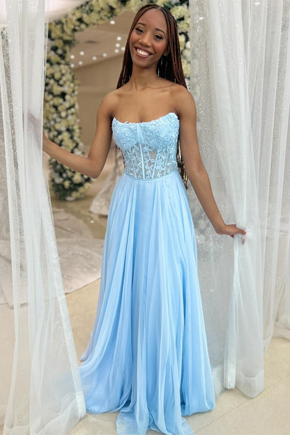 Chiffon Appliques Strapless A-Line Long Prom Dress