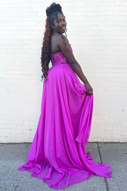 Chiffon Appliques Strapless A-Line Long Prom Dress